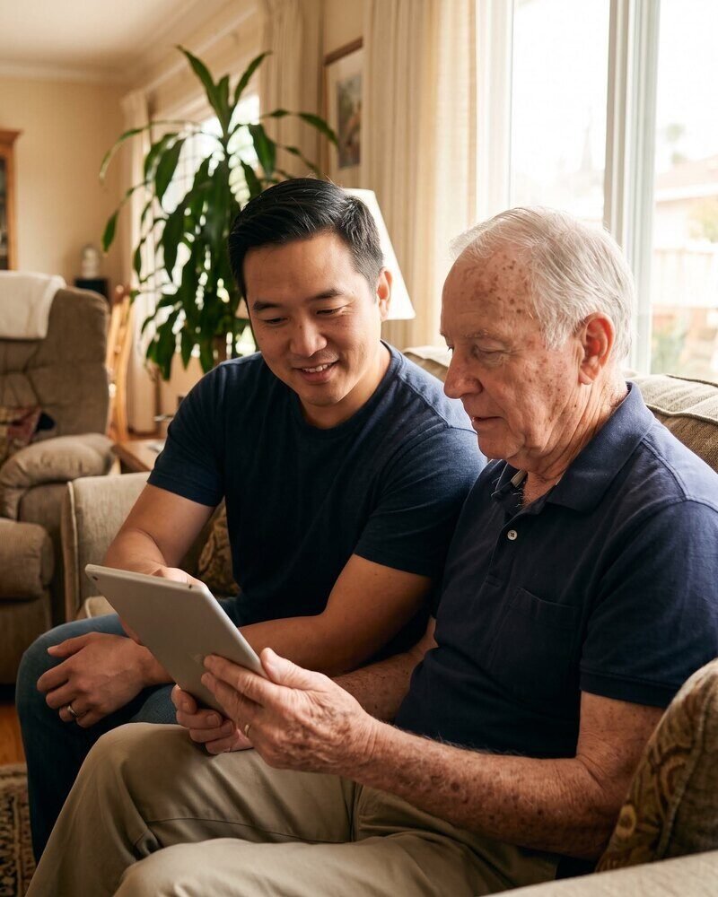 A friendly Teach Me Tech OC coach helping a senior with a tablet at home in Orange County.
