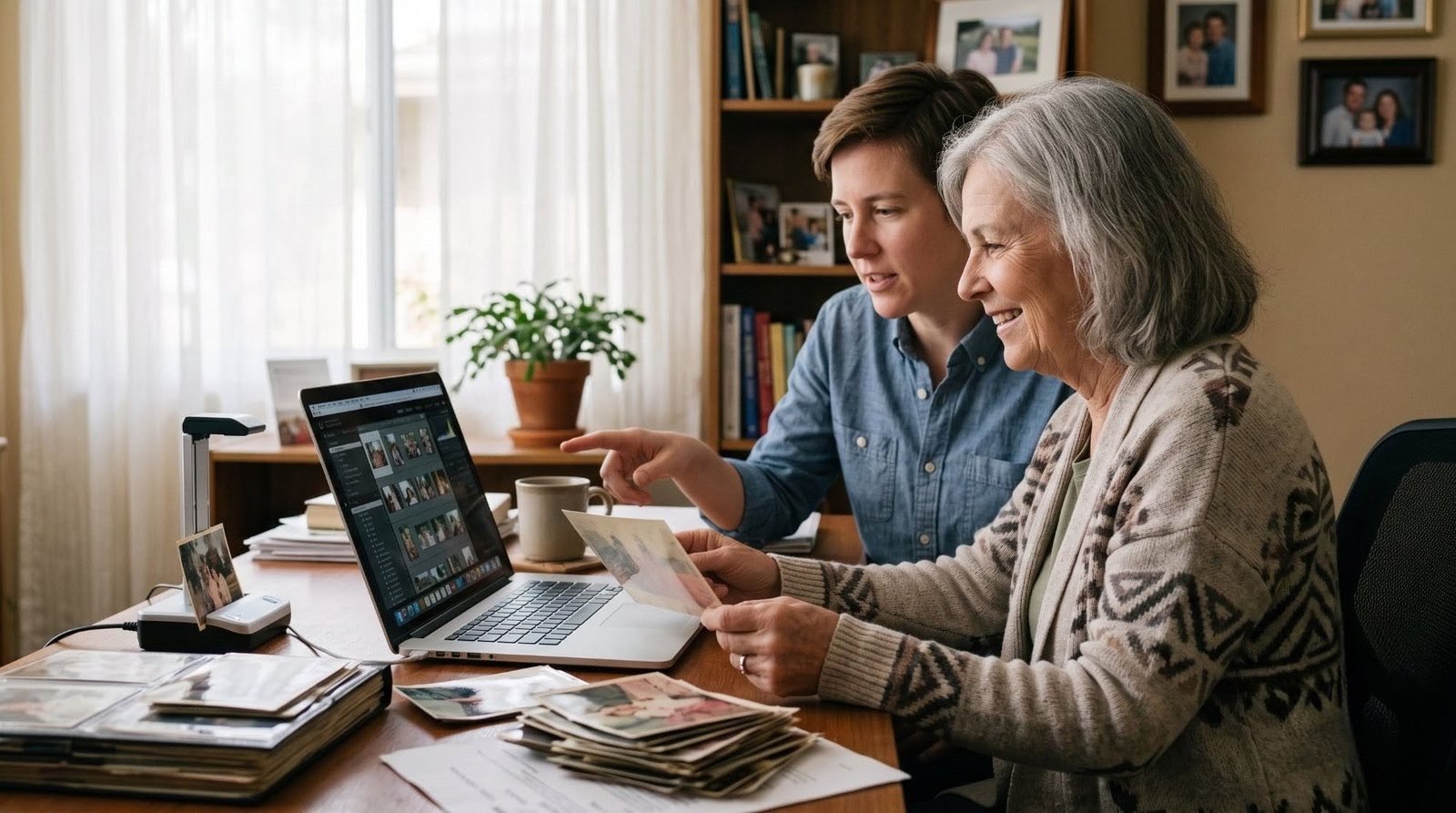 A senior woman and a family member scanning old photo prints into a laptop with a photo scanner.