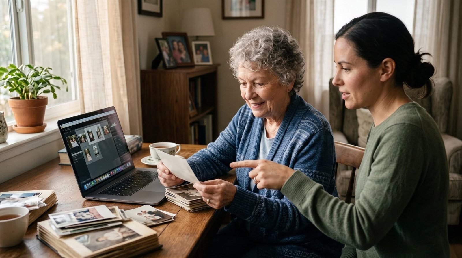 A senior woman and her daughter going through a photo album, mail, and a laptop together.