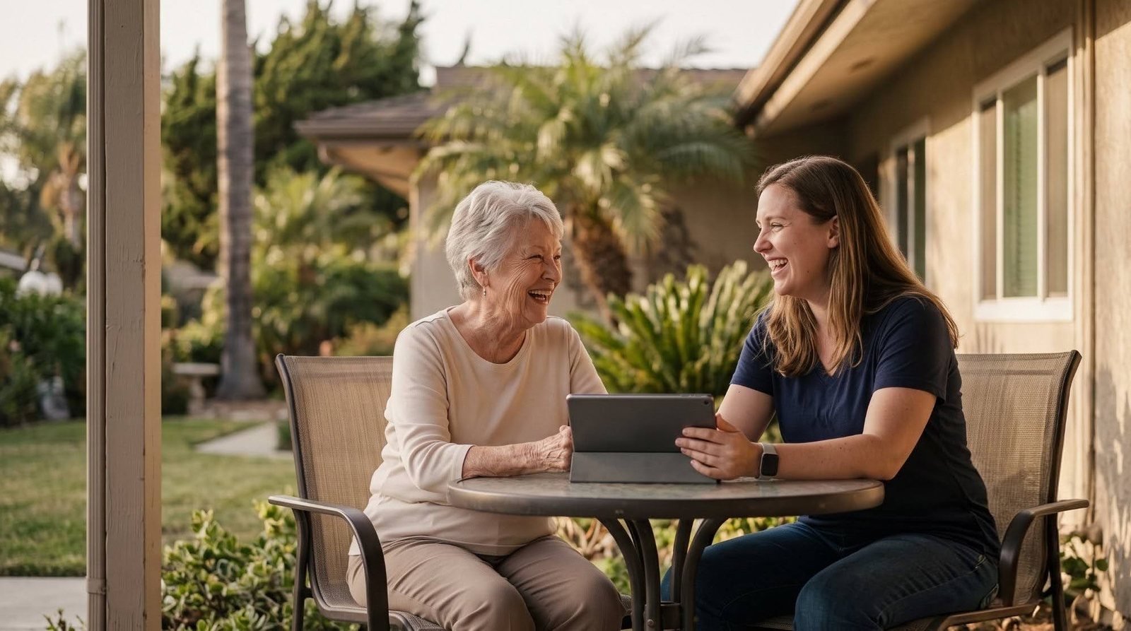 A senior woman and a coach laughing together at a patio table, palm trees in the background.