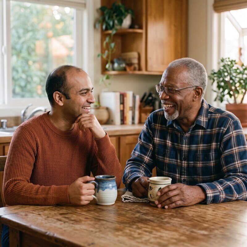 Two people chatting warmly over coffee at a kitchen table.