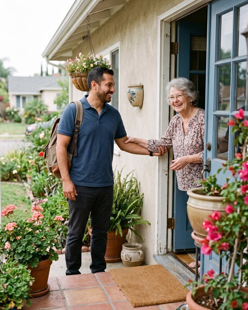 A Teach Me Tech OC coach greeting an older man at his front door in an Orange County neighborhood.