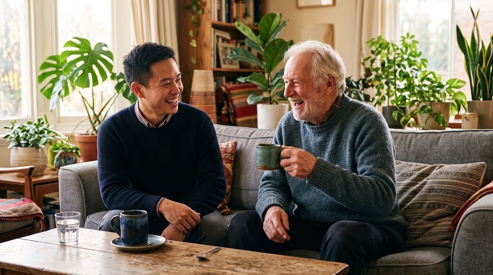 A friendly visitor and a senior laughing together over coffee on the sofa.