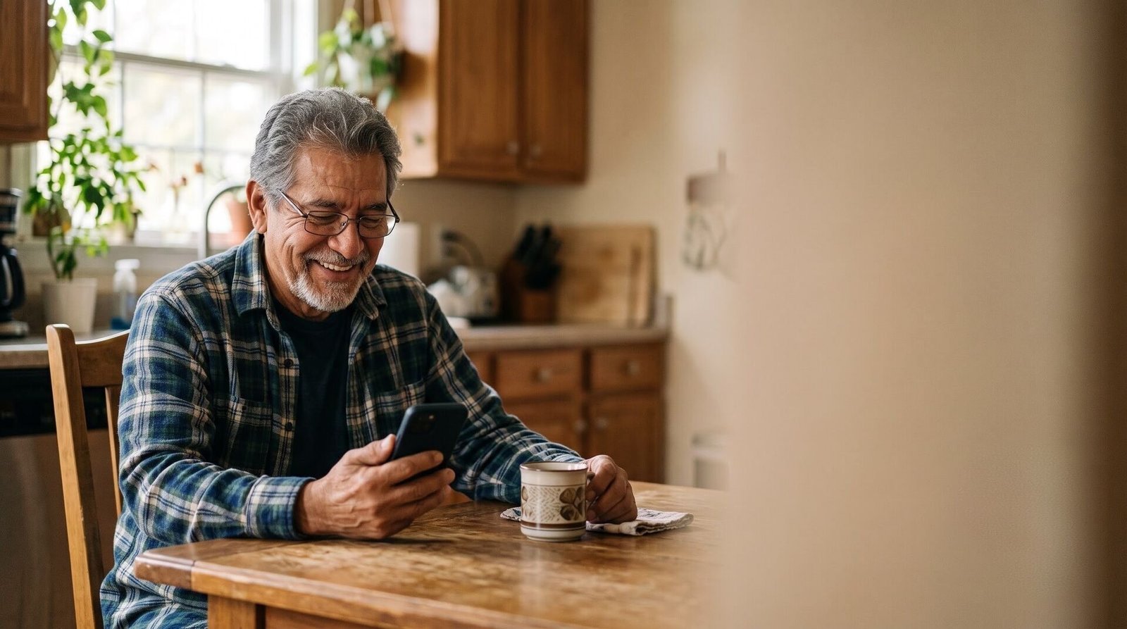 A senior smiling while looking at his phone at the kitchen table.