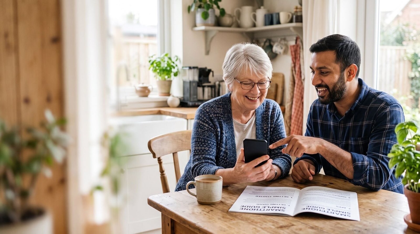 A friendly Teach Me Tech OC coach helping a smiling senior use her phone, with a large-print guide open on the kitchen table.
