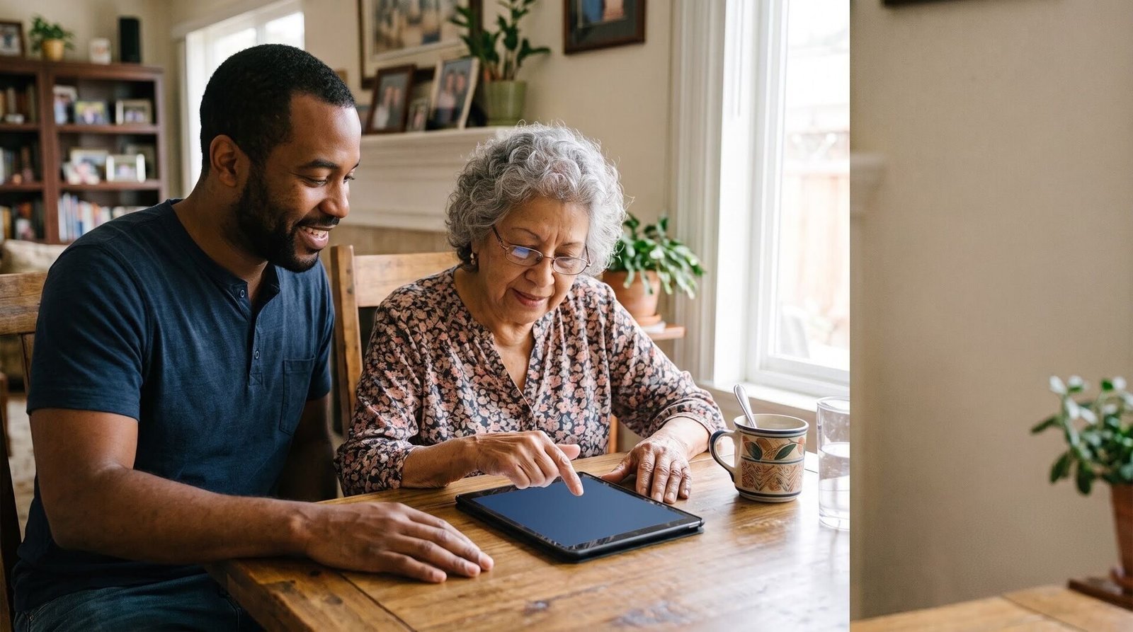 A patient Teach Me Tech OC coach showing a senior how to use a tablet at her dining table.