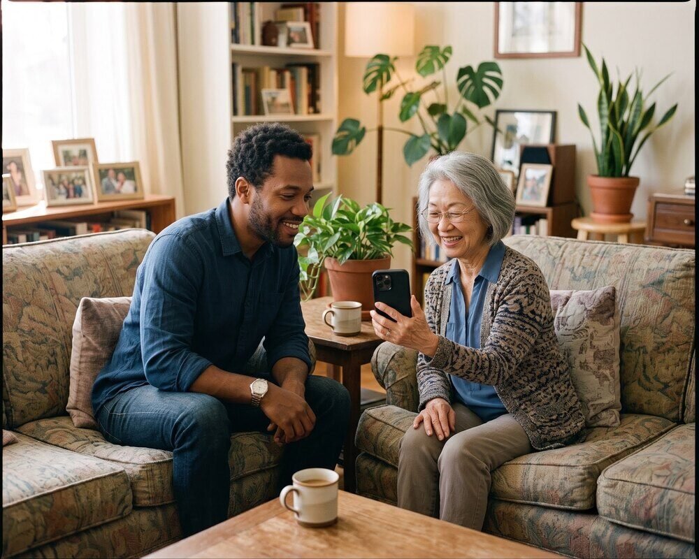 A friendly visitor and a senior smiling together while looking at a phone.